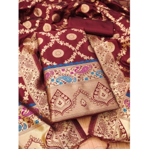 Generic Women's Banarasi Silk Printed Unstitched Salwar Suit Material With Dupatta (Maroon, 3Mtrs)