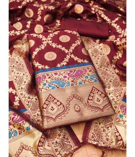 Women's Banarasi Silk Printed Unstitched Salwar Suit Material With Dupatta (Maroon, 3Mtrs)