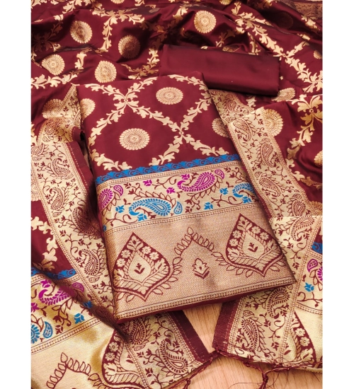 Women's Banarasi Silk Printed Unstitched Salwar Suit Material With Dupatta (Maroon, 3Mtrs)