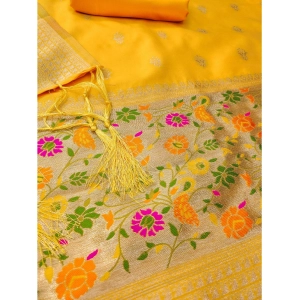 Generic Women's Banarasi Silk Printed Unstitched Salwar Suit Material With Dupatta (Yellow, 3Mtrs)