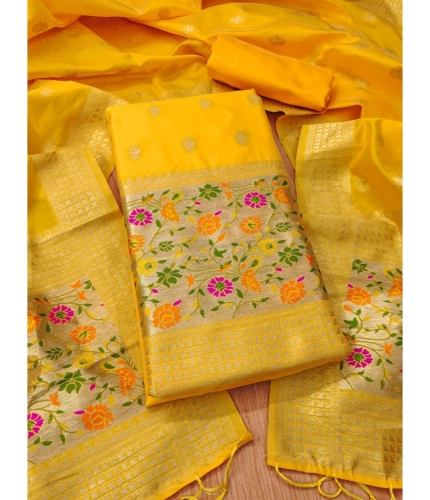 Women's Banarasi Silk Printed Unstitched Salwar Suit Material With Dupatta (Yellow, 3Mtrs)