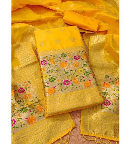 Women's Banarasi Silk Printed Unstitched Salwar Suit Material With Dupatta (Yellow, 3Mtrs)
