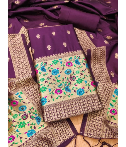 Women's Banarasi Silk Printed Unstitched Salwar Suit Material With Dupatta (Wine, 3Mtrs)