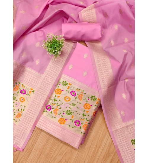 Women's Banarasi Silk Printed Unstitched Salwar Suit Material With Dupatta (Light Pink, 3Mtrs)