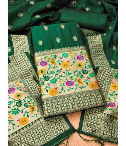 Women's Banarasi Silk Printed Unstitched Salwar Suit Material With Dupatta (Bottle Green, 3Mtrs)