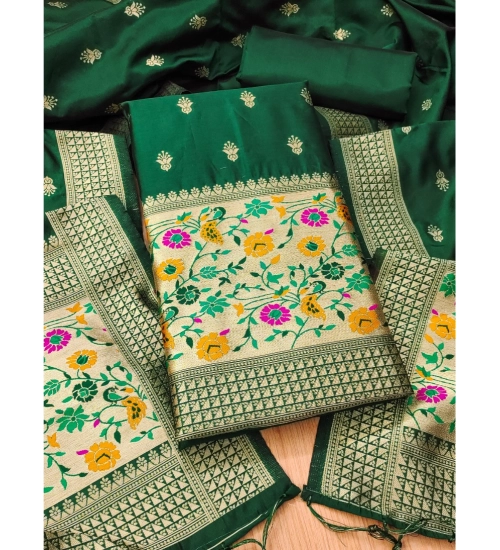 Women's Banarasi Silk Printed Unstitched Salwar Suit Material With Dupatta (Bottle Green, 3Mtrs)