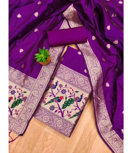 Women's Banarasi Silk Printed Unstitched Salwar Suit Material With Dupatta (Purple, 3Mtrs)