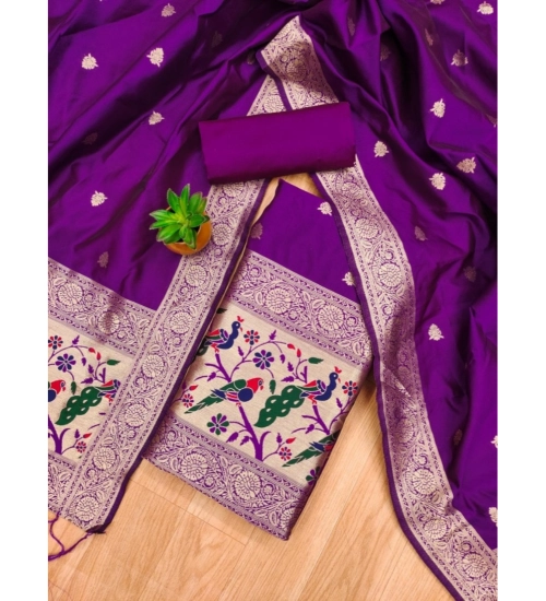 Women's Banarasi Silk Printed Unstitched Salwar Suit Material With Dupatta (Purple, 3Mtrs)