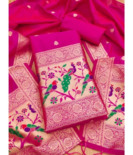 Women's Banarasi Silk Printed Unstitched Salwar Suit Material With Dupatta (Pink, 3Mtrs)