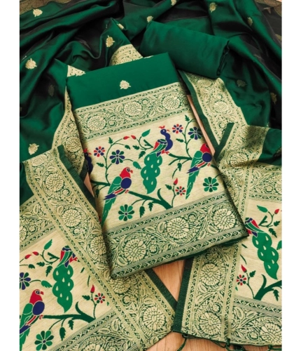 Women's Banarasi Silk Printed Unstitched Salwar Suit Material With Dupatta (Bottle Green, 3Mtrs)