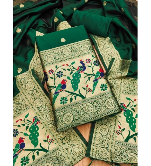 Women's Banarasi Silk Printed Unstitched Salwar Suit Material With Dupatta (Bottle Green, 3Mtrs)