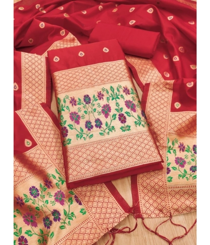 Women's Banarasi Silk Printed Unstitched Salwar Suit Material With Dupatta (Red, 3Mtrs)