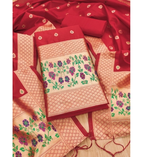 Women's Banarasi Silk Printed Unstitched Salwar Suit Material With Dupatta (Red, 3Mtrs)
