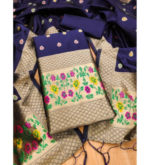 Women's Banarasi Silk Printed Unstitched Salwar Suit Material With Dupatta (Navy Blue, 3Mtrs)