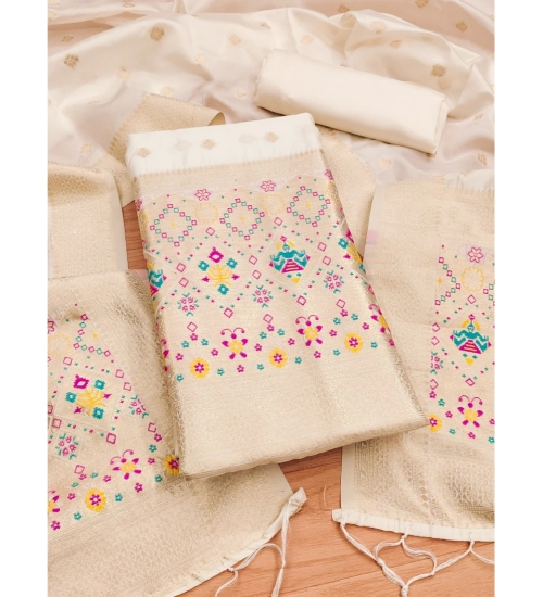 Women's Banarasi Silk Printed Unstitched Salwar Suit Material With Dupatta (White, 3Mtrs)