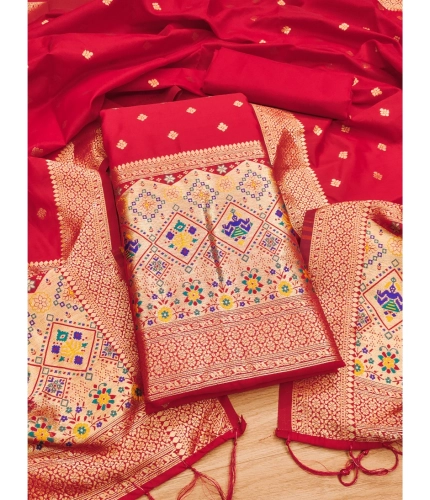 Women's Banarasi Silk Printed Unstitched Salwar Suit Material With Dupatta (Red, 3Mtrs)