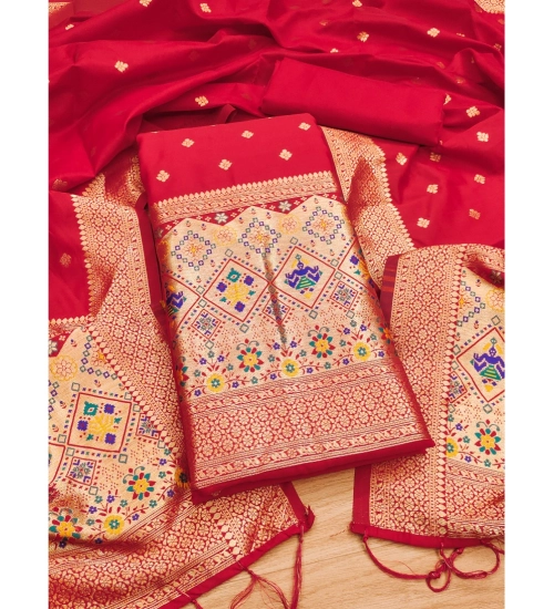 Women's Banarasi Silk Printed Unstitched Salwar Suit Material With Dupatta (Red, 3Mtrs)