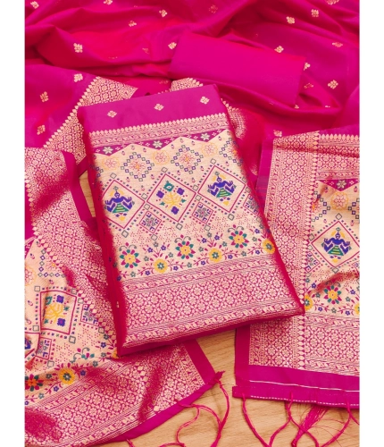 Women's Banarasi Silk Printed Unstitched Salwar Suit Material With Dupatta (Pink, 3Mtrs)