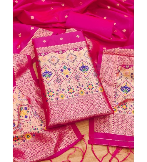 Women's Banarasi Silk Printed Unstitched Salwar Suit Material With Dupatta (Pink, 3Mtrs)