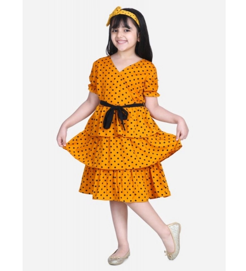 Girl's Polyester Crepe Printed Puff V-Neck Dress (Orange)
