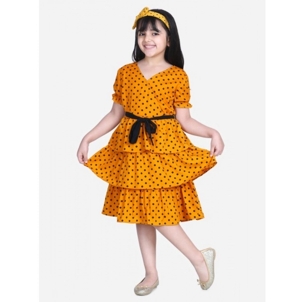 Dropship Girl's Polyester Crepe Printed Puff V-Neck Dress (Orange)