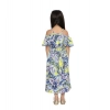 Dropship Girl's Polyester Moss Printed Off Shoulder Straps Dress (Blue)