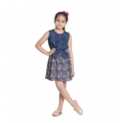Girl's Denim-Rayon Floral Printed Sleeveless Round Neck Dress (Navy Blue)