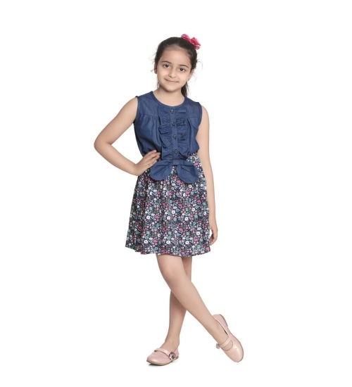 Girl's Denim-Rayon Floral Printed Sleeveless Round Neck Dress (Navy Blue)