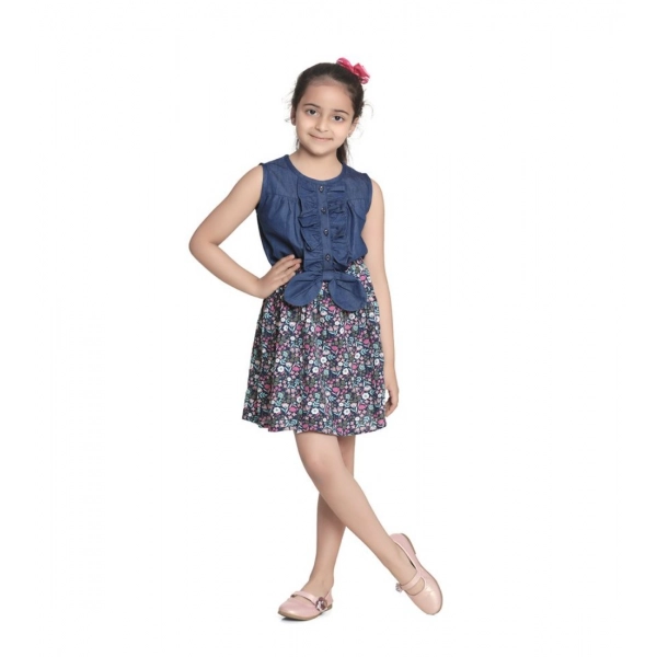 Dropship Girl's Denim-Rayon Floral Printed Sleeveless Round Neck Dress (Navy Blue)