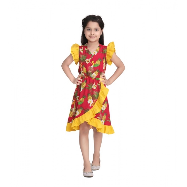 Dropship Girl's Cotton Printed Cold Shoulder V-Neck Dress (Pink)