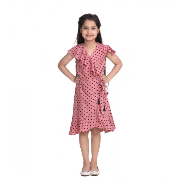 Dropship Girl's Polyester Crepe Printed Flutter V-Neck Dress (Pink)