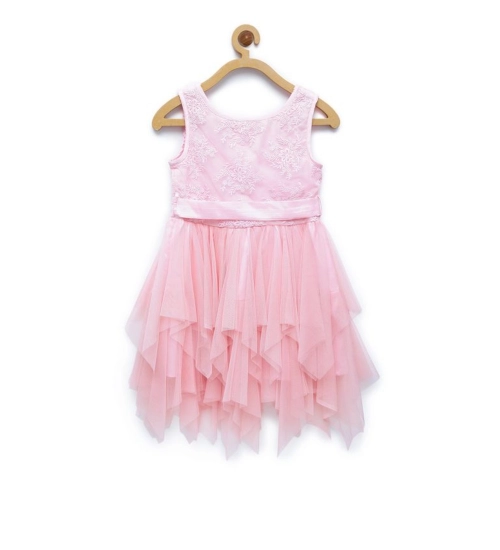 Girl's Polyester  Net Floral Printed Sleeveless Round Neck Dress (Light Pink)