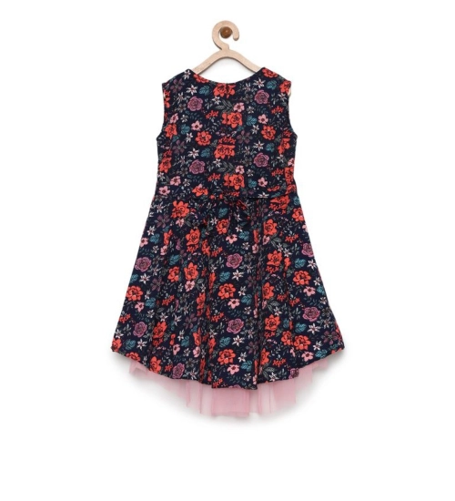 Girl's Polyester Crepe Embellished Sleeveless Round Neck Dress (Multicolor)