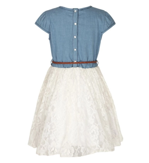 Girl's Denim Embroidery Short Sleeve Round Neck Dress (White)