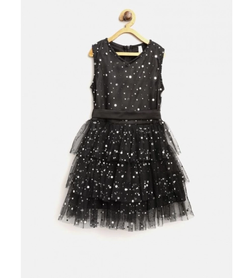 Girl's Net Embellished Sleeveless V-Neck Dress (Black)