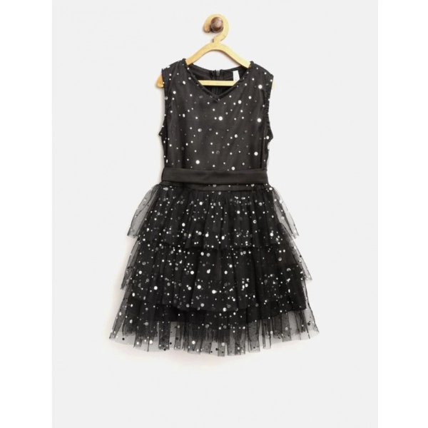 Dropship Girl's Net Embellished Sleeveless V-Neck Dress (Black)