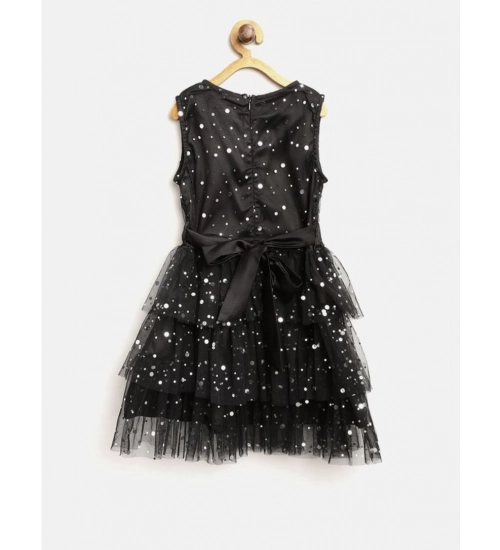 Girl's Net Embellished Sleeveless V-Neck Dress (Black)