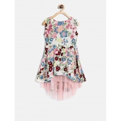 Girl's Polyester Crepe Printed Short Sleeve Round Neck Dress (Multicolor)