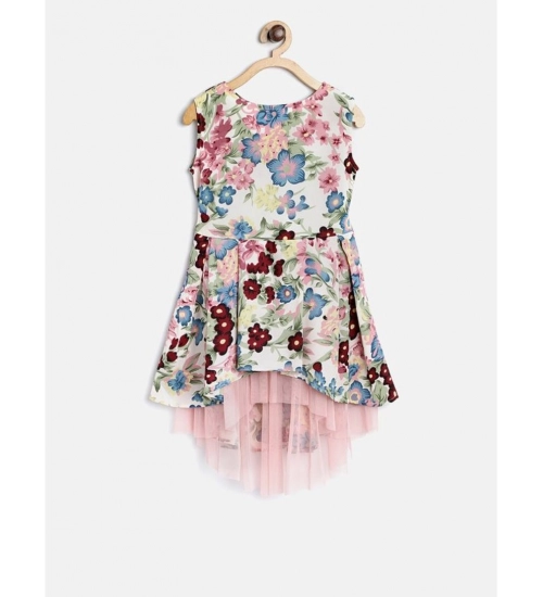 Girl's Polyester Crepe Printed Short Sleeve Round Neck Dress (Multicolor)