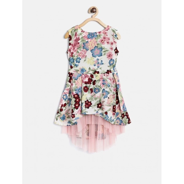 Dropship Girl's Polyester Crepe Printed Short Sleeve Round Neck Dress (Multicolor)