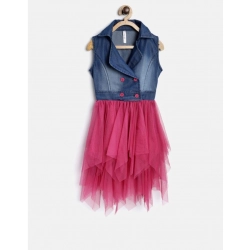 Girl's Polyester Crepe-Net Solid Shoulder Straps Shirt collar Dress (Blue-Pink)