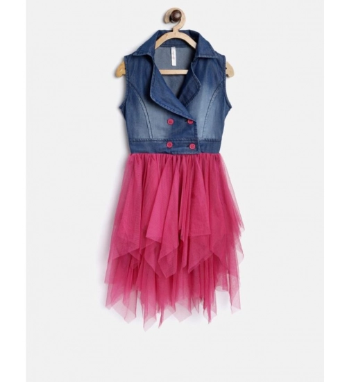 Girl's Polyester Crepe-Net Solid Shoulder Straps Shirt collar Dress (Blue-Pink)