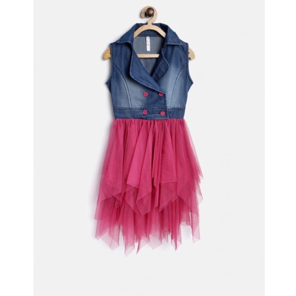 Dropship Girl's Polyester Crepe-Net Solid Shoulder Straps Shirt collar Dress (Blue-Pink)