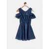 Dropship Girl's Denim Floral Printed Bell Sleeve Halter Neck Dress (Blue)