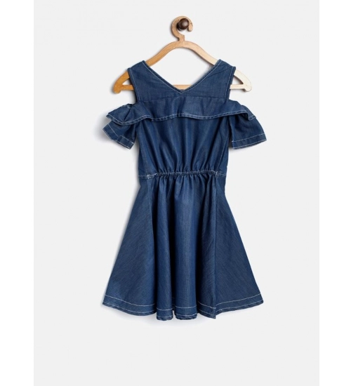 Girl's Denim Floral Printed Bell Sleeve Halter Neck Dress (Blue)