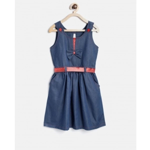 Generic Girl's Denim Solid Sleeveless Round Neck Dress (Blue)