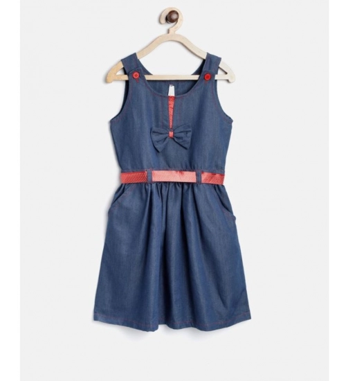 Girl's Denim Solid Sleeveless Round Neck Dress (Blue)