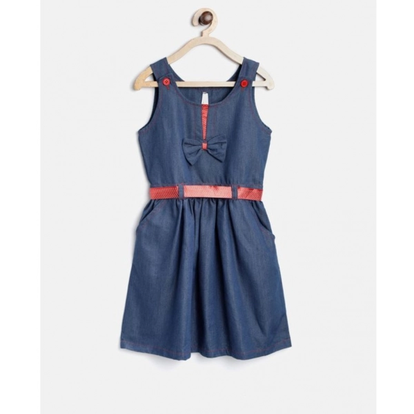 Dropship Girl's Denim Solid Sleeveless Round Neck Dress (Blue)