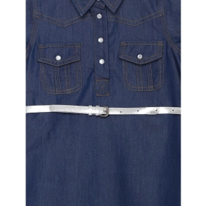 Generic Girl's Denim Solid Short Sleeve Shirt collar Dress (Blue)