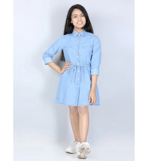 Girl's Denim Solid Long Sleeve Shirt collar Dress (Blue)